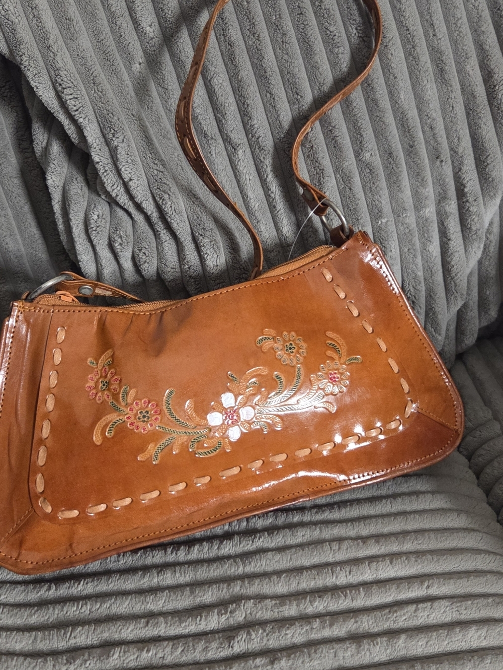 Handcrafted Brown Leather Shoulder Bag with Floral Embroidery
